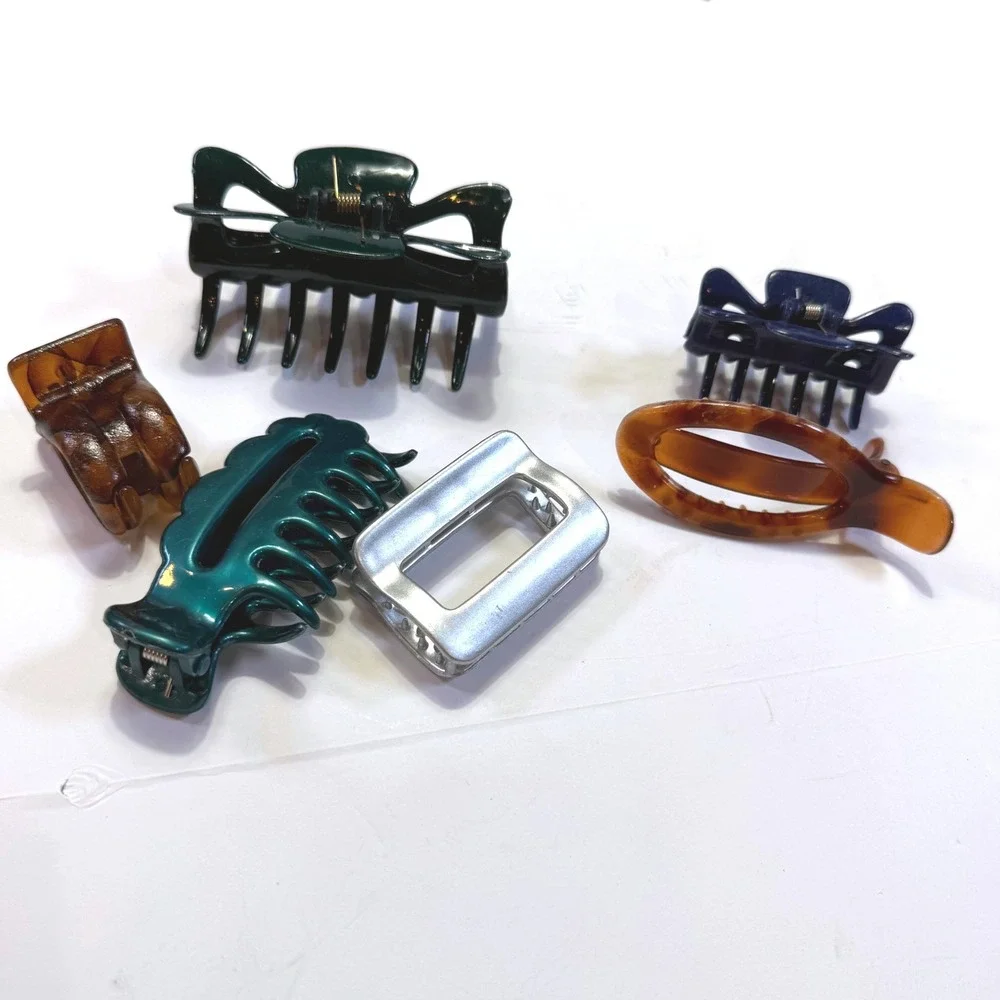 Assorted Hair Claw Clip Bundle 6pc Tortoise Silver Teal Navy Dark Green Set